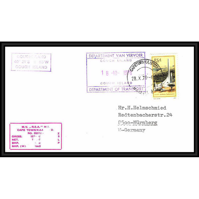 097248 gouth island 16/10/1976 van vervoer rsa south africa antarctic antarctique lettre cover