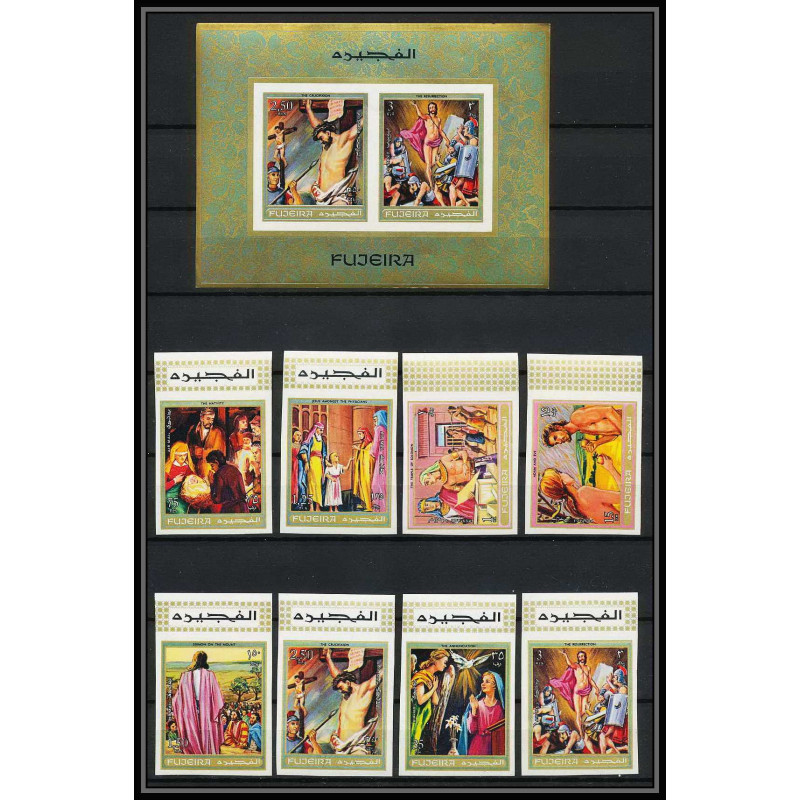 411a Fujeira MNH ** Mi N° 431 / 438 + bloc 20 B scènes from the bible adam et eve jesus christ Non dentelé imperf
