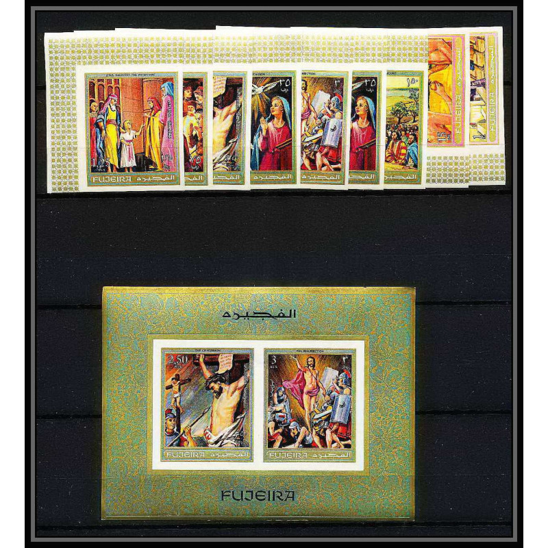 411b Fujeira MNH ** Mi N° 431 / 438 + bloc 20 B scènes from the bible adam et eve jesus christ Non dentelé imperf