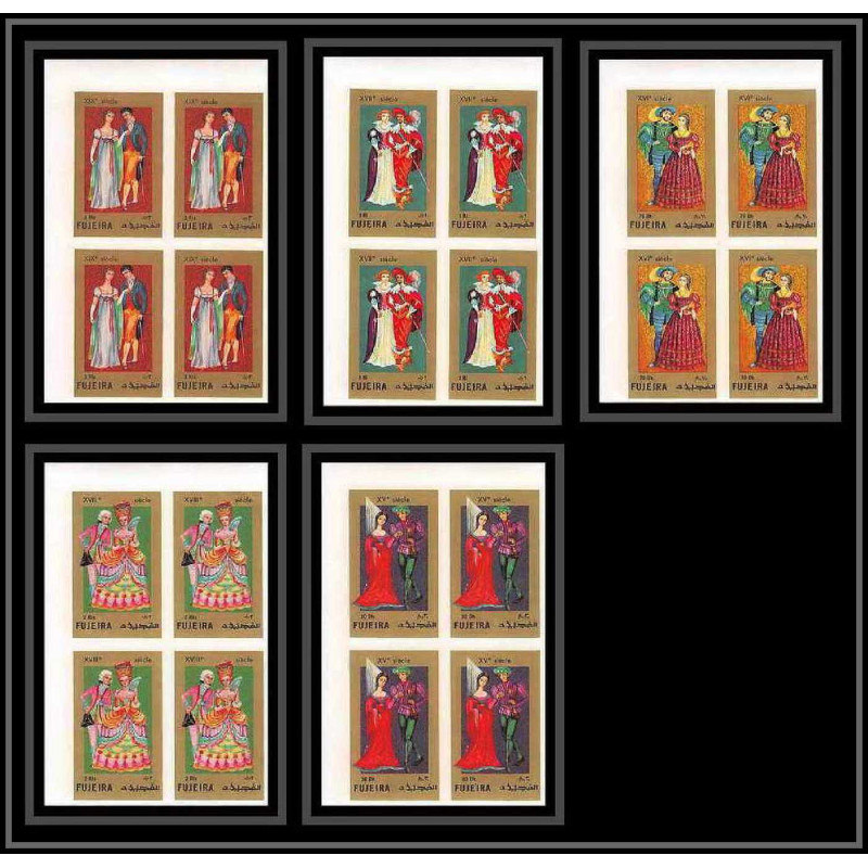 414d Fujeira MNH ** Mi N° 870 / 874 B european costumes 15 to 19th century non dentelé (Imperf) bloc 4