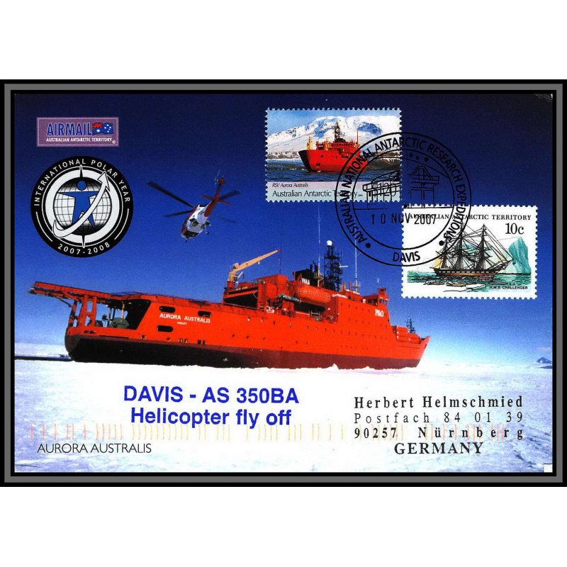 098255 helicopter davis AS-350BA 14/11/2007 australian antarctic territory antarctic antarctique lettre cover