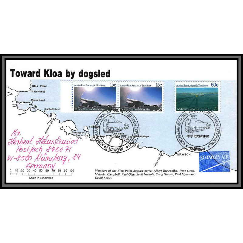 098341 toward kloa by dogsled 17/11/1991 australian antarctic territory antarctic antarctique lettre cover