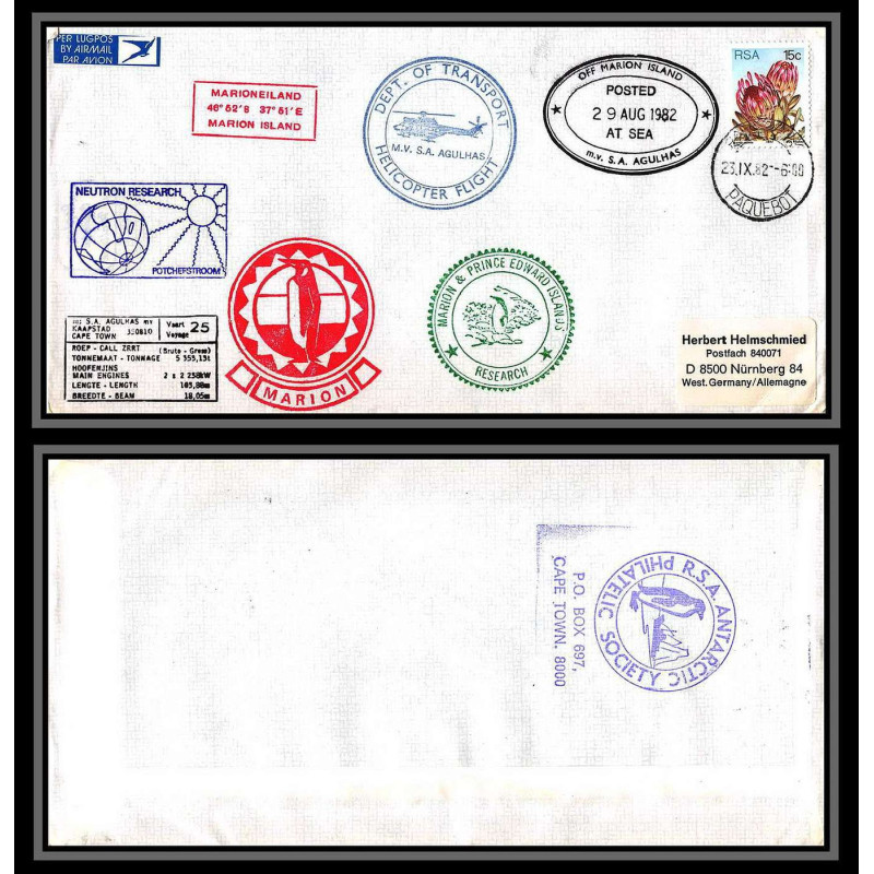 098443 recommandé ms/sa agulhas 29/8/1982 marion islands helicopter rsa south africa antarctic antarctique lettre cover