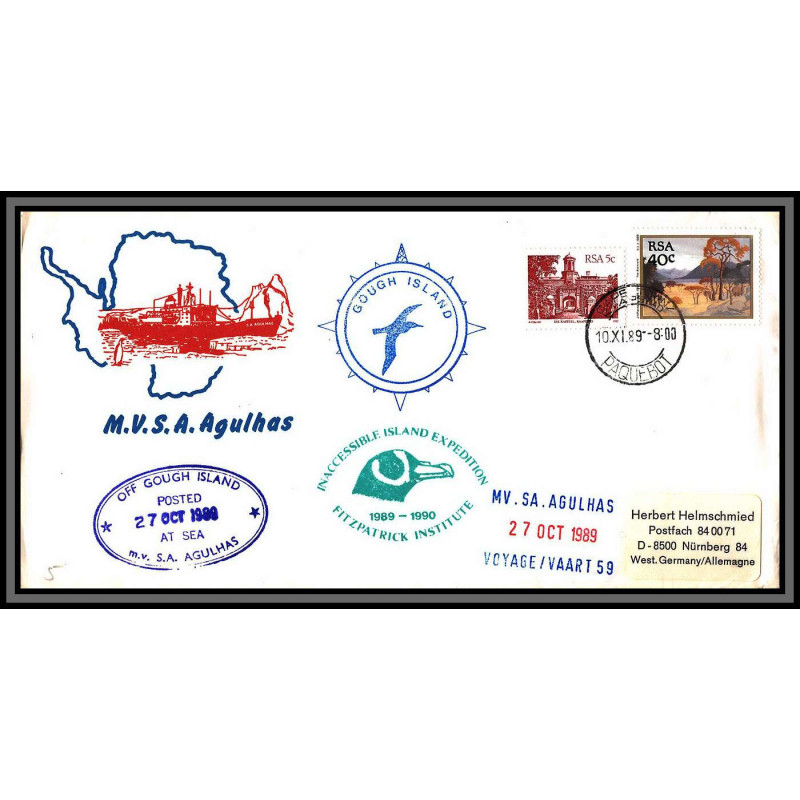 098457 ms/sa agulhas gough island cape town 10/11/1989 rsa south africa antarctic antarctique lettre cover