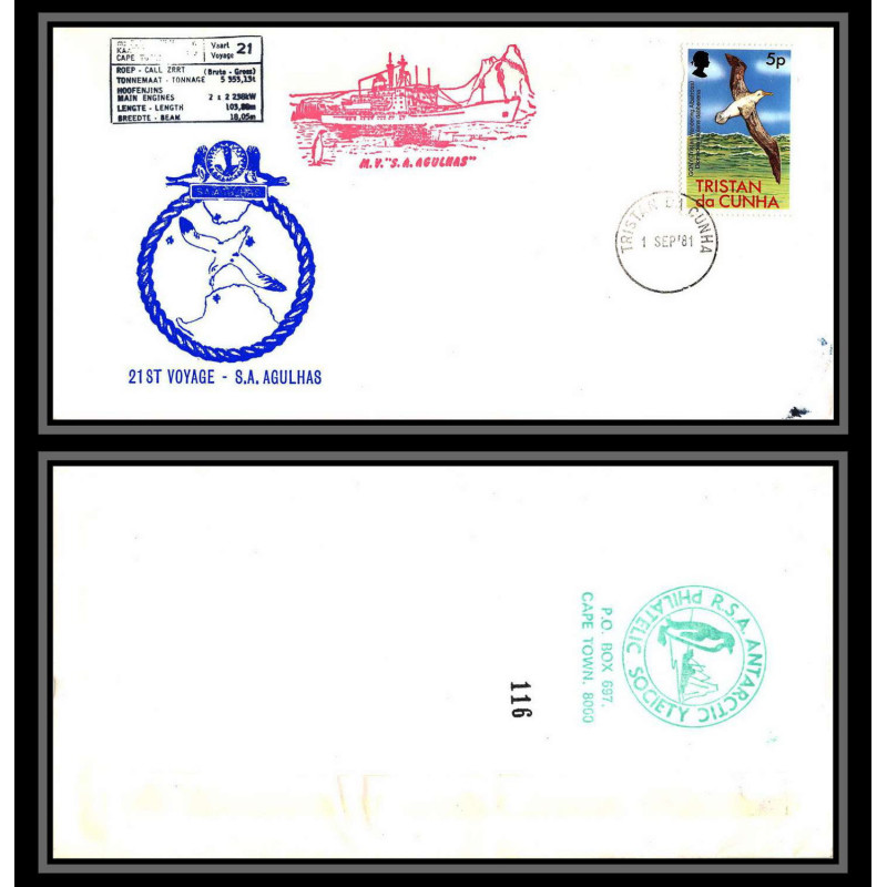 098496 21st voyage ms/sa agulhas 1/9/1981 tristan da cunha antarctic antarctique lettre cover
