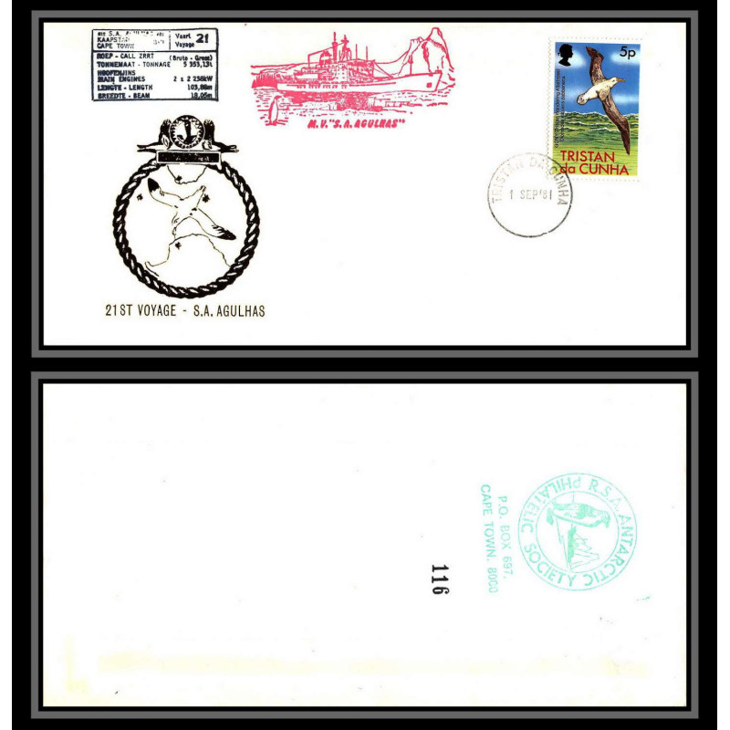 098498 21st voyage ms/sa agulhas 1/9/1981 tristan da cunha antarctic antarctique lettre cover
