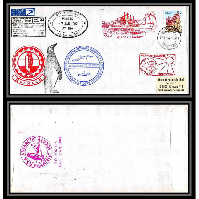 098500 ms/sa agulhas 7/1/1982 helicopter 17/2/1982 sanae rsa south africa antarctic antarctique lettre cover