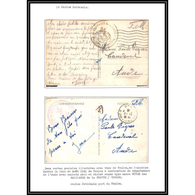 099546 marine nationale toulon pour Caudeval 1941 aude taxe france naval navale lettre cover