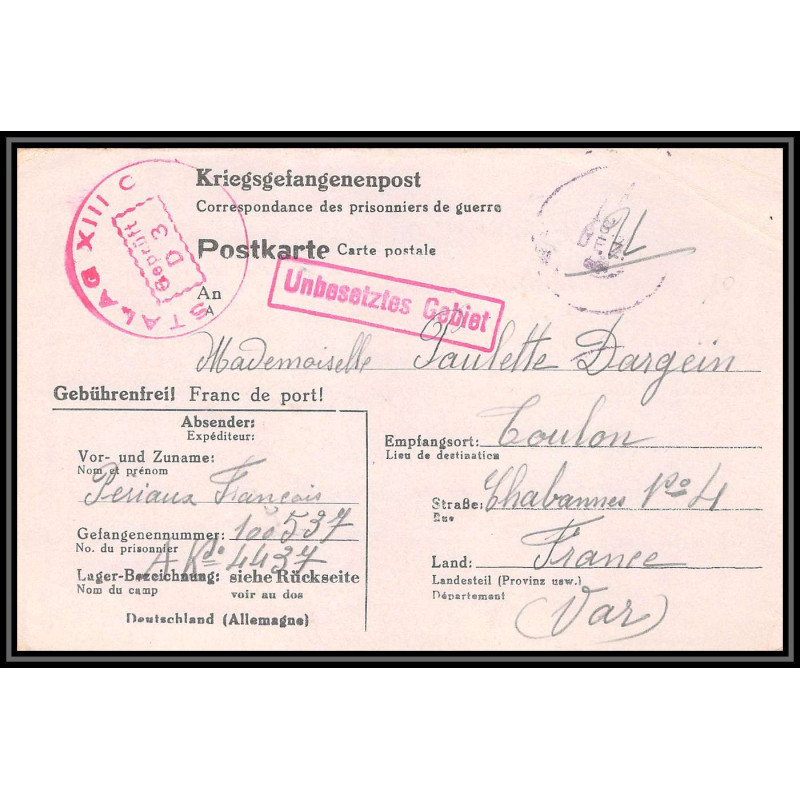 099689 stalag 13c kriegsgefangenenlager 1943 prisonniers chabannes allemagne germany lettre cover