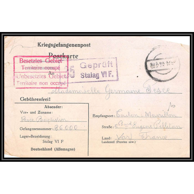 099691 stalag 6f kriegsgefangenenlager 1940 prisonniers var toulon allemagne germany lettre cover
