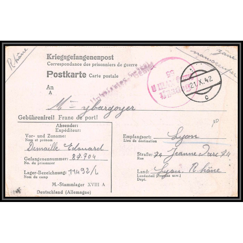 099693 stalag 18a kriegsgefangenenlager 1942 lyon prisonniers allemagne germany lettre cover
