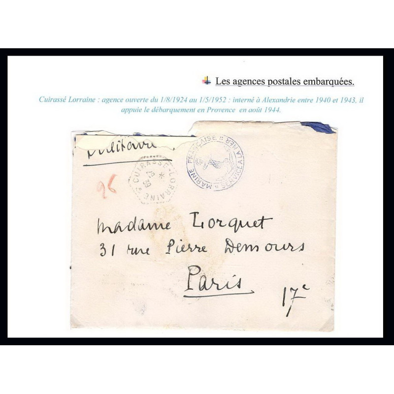 099757 lac agence embarquée cuirassé lorraine 1939 france naval navale lettre cover