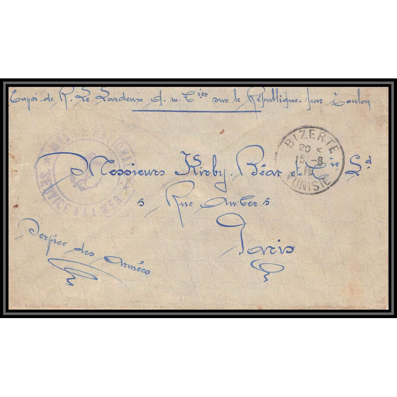 099812 agence postale embarquée République cuirassé bizerte tunisie 1916 france naval navale lettre cover