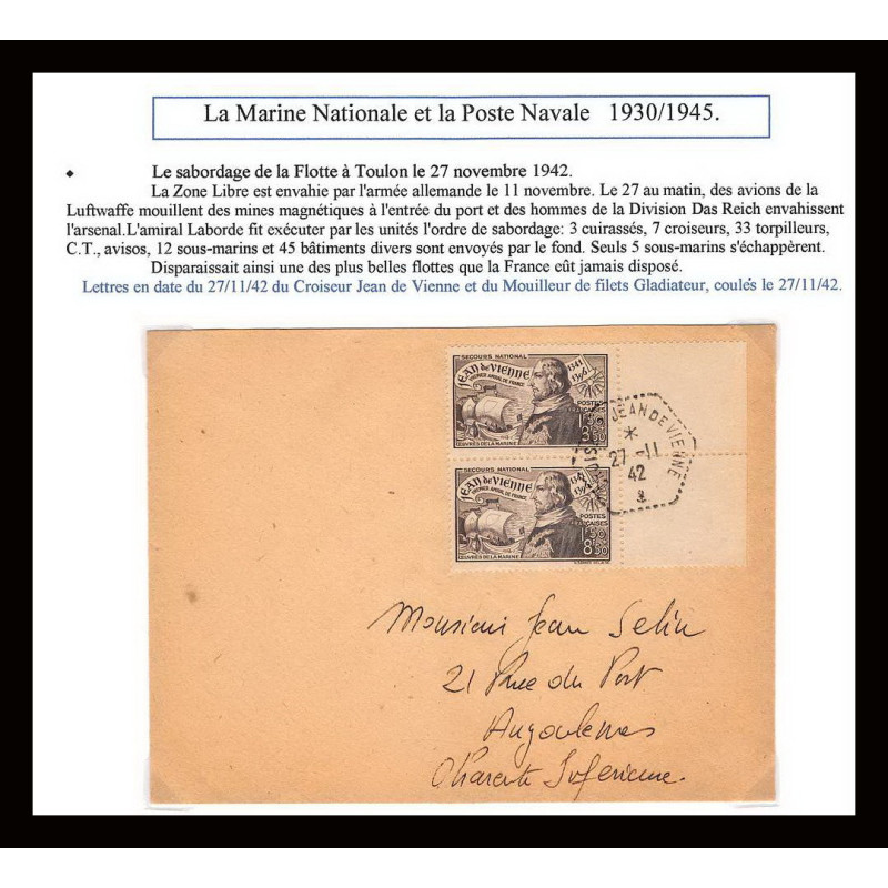 099833 DATE DU sabotage de toulon 27/11/1942 jean de vienne france naval navale lettre cover