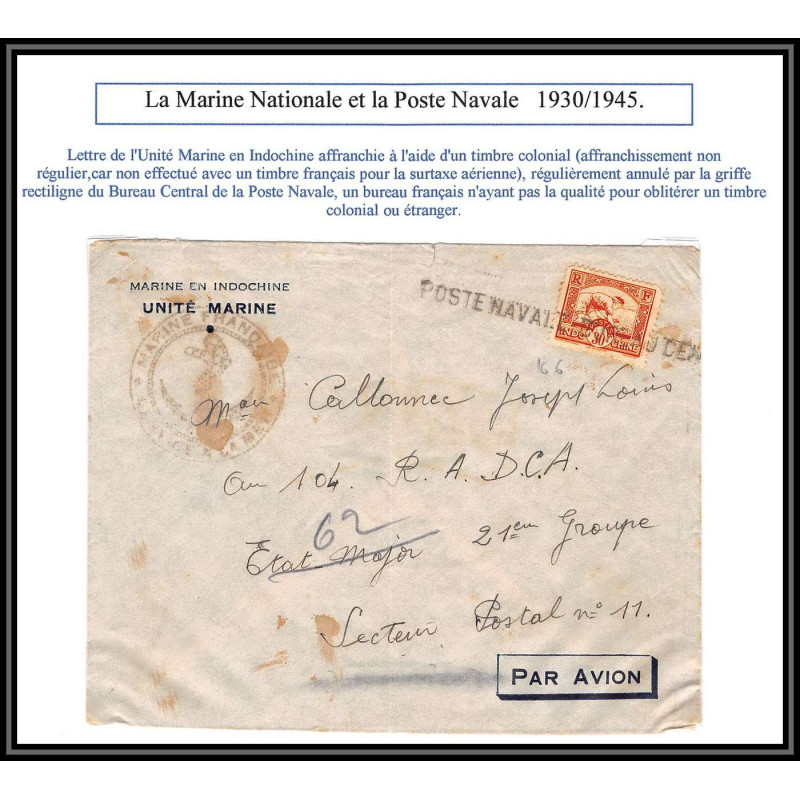 099877 par avion unité marine en indochine france naval poste navale lettre cover
