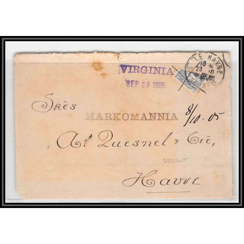 099893 1/2 timbre La Virginia colombie 1905 vapeur Markomannia la havre france naval navale devant lettre cover