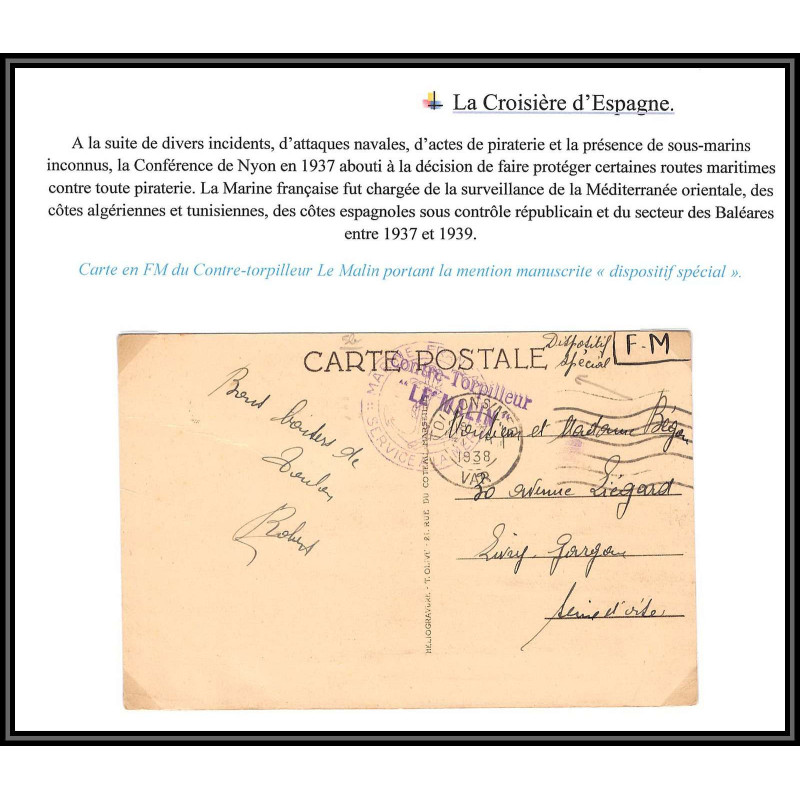099894 croisière d'espagne contre torpilleur le malin dispositif spécial 1938 france naval navale fm carte postcard