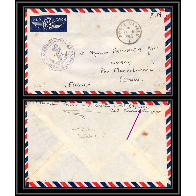 099917 Escorteur Commandant Duboc indochine 1953 france naval navale lettre cover