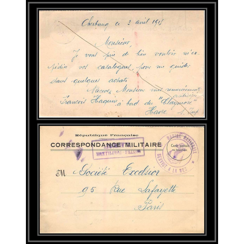 099932 contre-torpilleur claymore 1915 france naval navale lettre cover