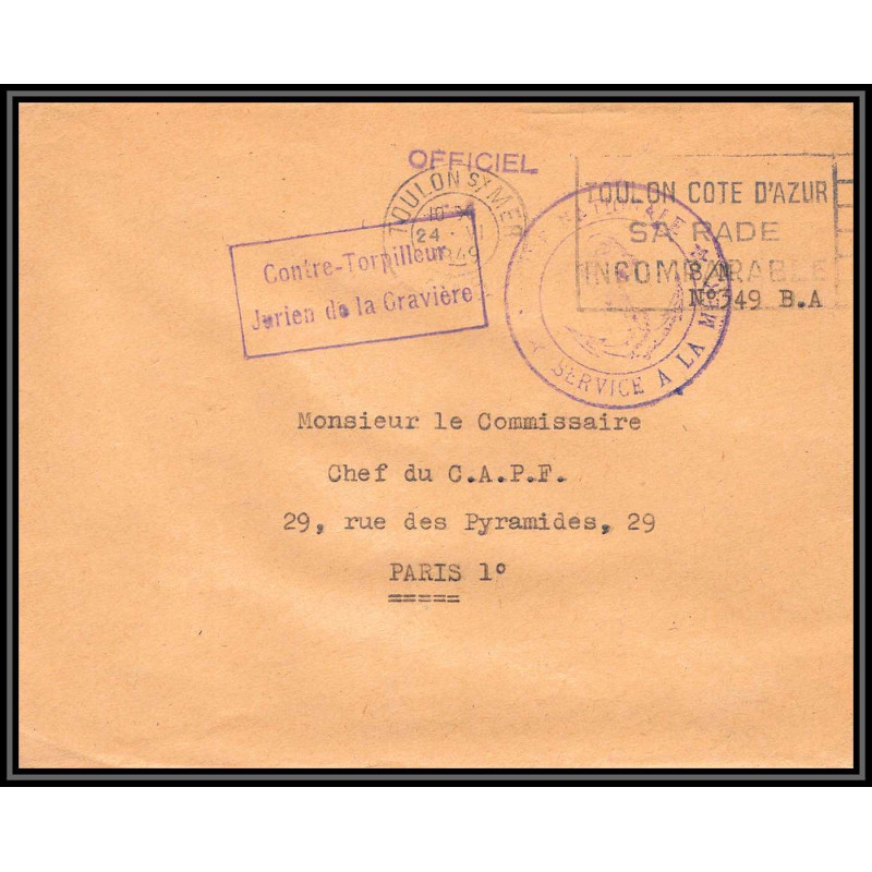 099998 agence postale embarquée Jurien de la Gravière croiseur 1949 france naval navale lettre cover