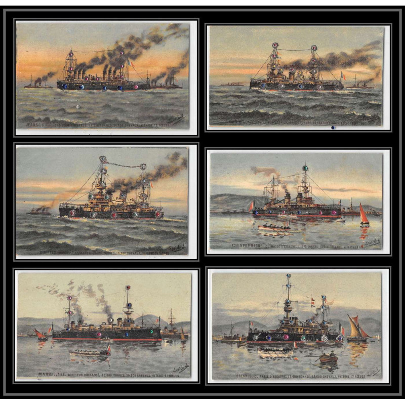 100059 croiseurs cuirassés france naval navale lot de 6 cartes avec des petites perles de couleurs postcard