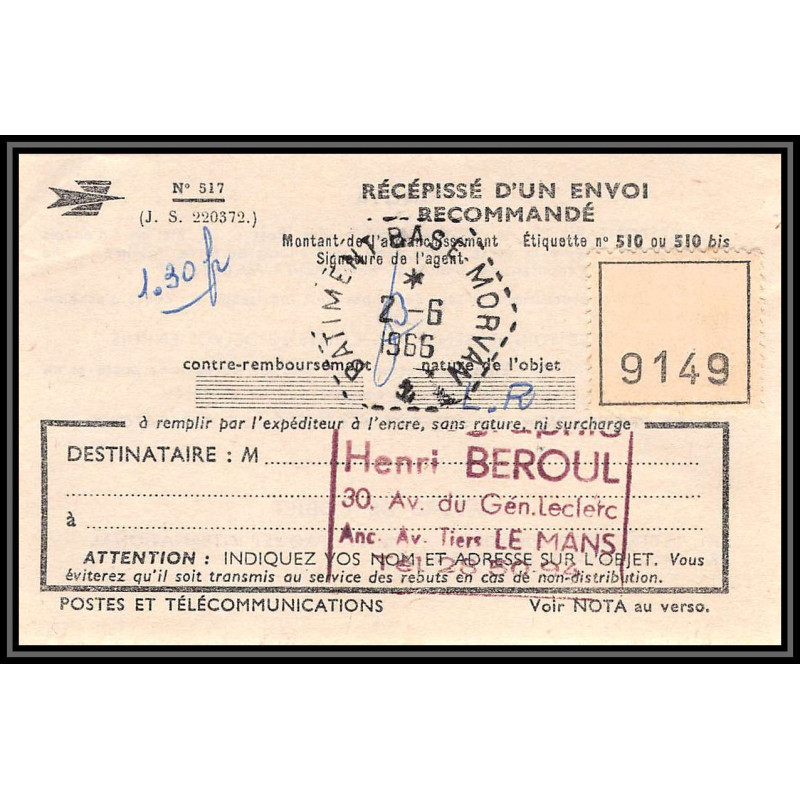 100086 batiment base morvan recépissé 1966 france naval navale lettre cover