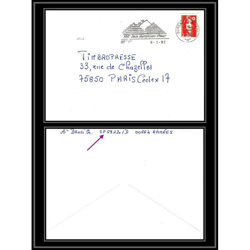 100099 bureau frontière Offenbourg jeux olympiques (olympic games) 1992 france naval navale lettre cover