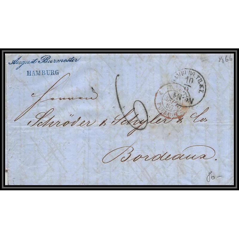 100520 LAC hamburg allemagne germany 1866 pour bordeaux marque postale entrée france lettre cover