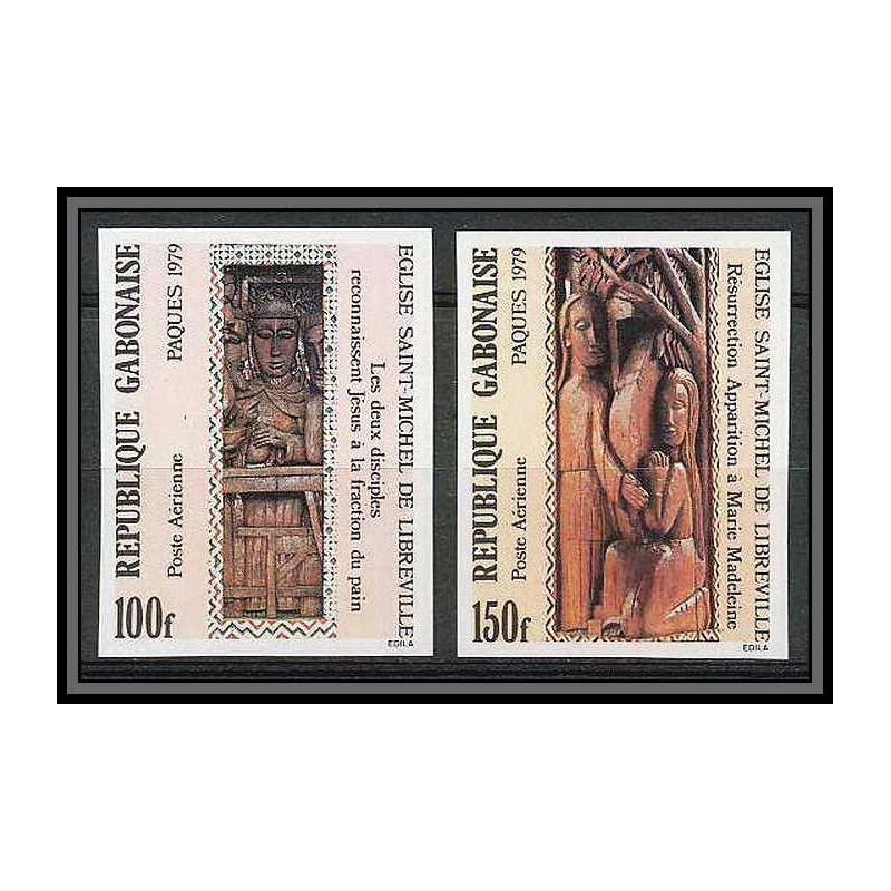 90025 Gabon (gabonaise) Non dentelé ** MNH Imperf N°219/220 sculptures eglises (church) paques Easter