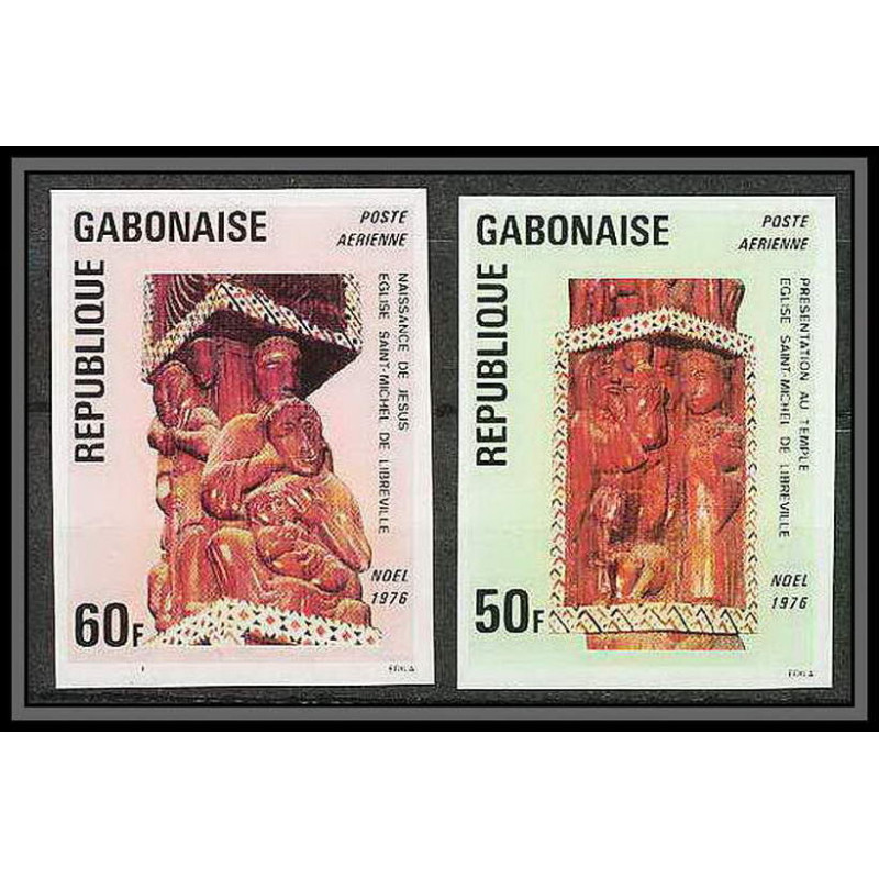 90030b Gabon (gabonaise) Non dentelé ** MNH Imperf N°188/189 Noël sculptures eglises (church)