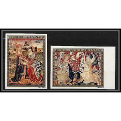 90871 Gabon (gabonaise) N°157/158 tapisserie beaune noel 1975 lippi Tableau painting Non dentelé imperf** MNH