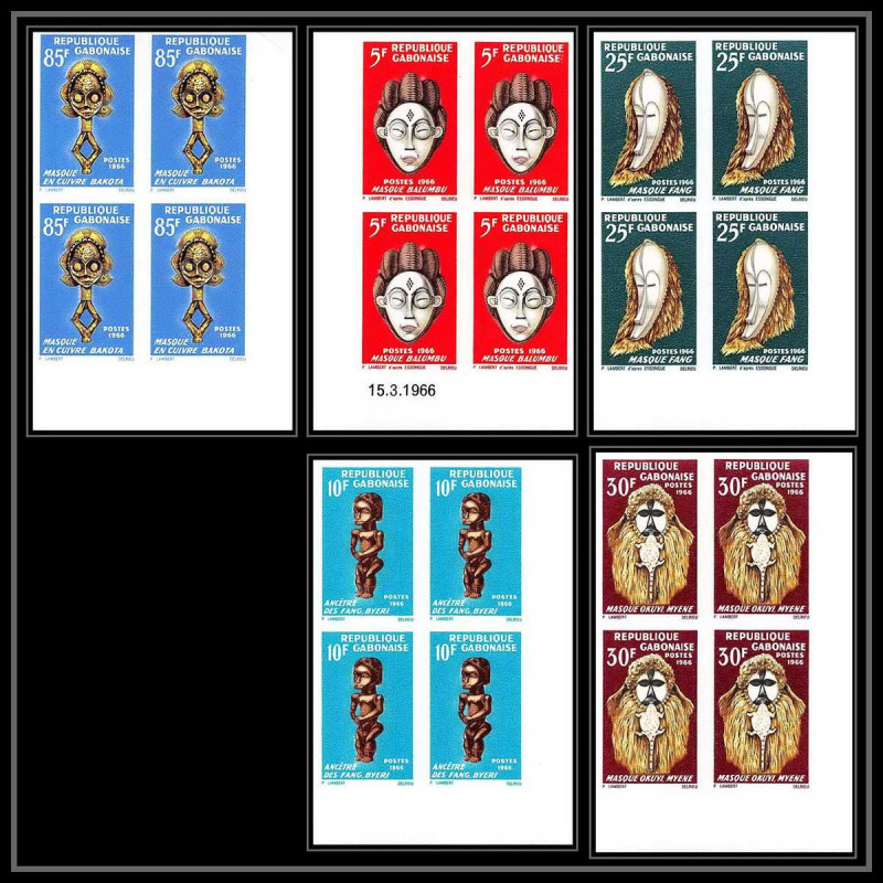 92110 Gabon (gabonaise) N°187/191 arts nègres masques Negro Arts mask masks bloc 4 coin datéNon dentelé imperf ** MNH