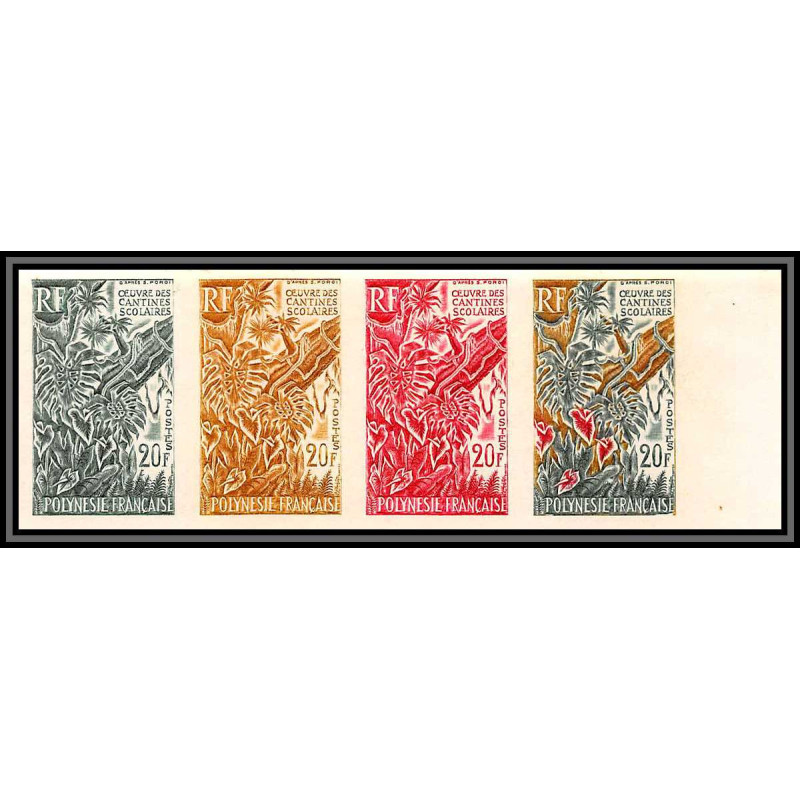 92250b Polynesie N°35 oeuvre Painting Cantines scolaires child draw Essai proof Non dentelé imperf ** MNH bande 5 strip