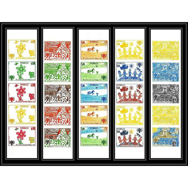 92940d monaco N°1181/1185 année de l'enfant child's year essai proof Non dentelé ** (MNH Imperf) bande 5 strip