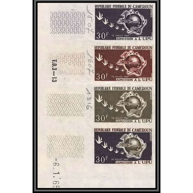 92992 Cameroun N°403 upu 1965 union postale universelle essai proof Non dentelé ** MNH Imperf bloc de 4 daté