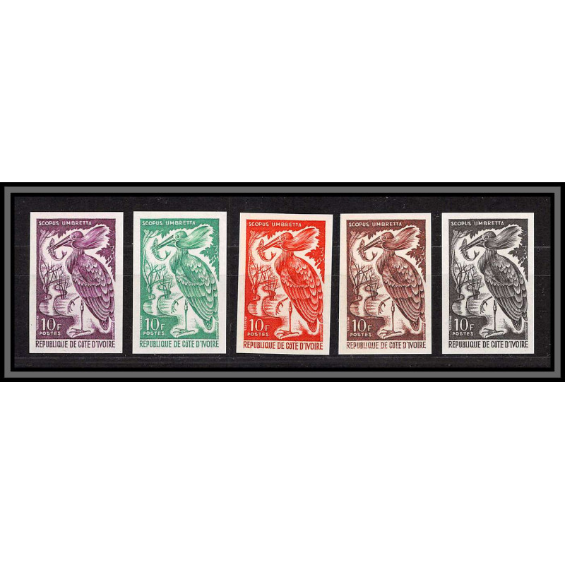 93640d cote d'ivoire N°238 ombrette hamerkop oiseaux birds lot de 5 couleurs Essai proof Non dentelé imperf ** MNH 1965