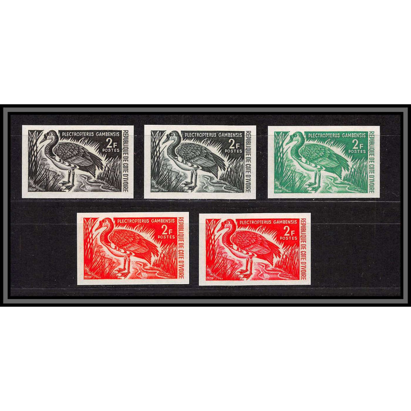 93670d cote d'ivoire N°250 francolin grey partridge oiseaux birds 5 couleurs Essai proof Non dentelé imperf ** MNH 1966