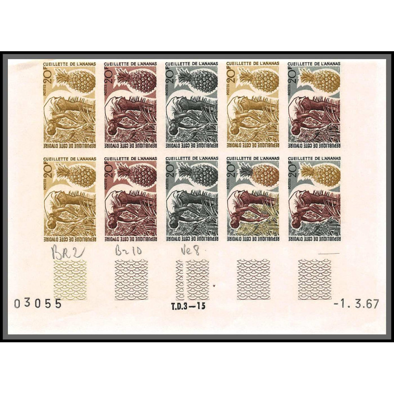 93694/ cote d'ivoire N°260 fuits fruts ananas Pineapple 1967 bloc 10 coin daté Essai proof Non dentelé imperf ** MNH