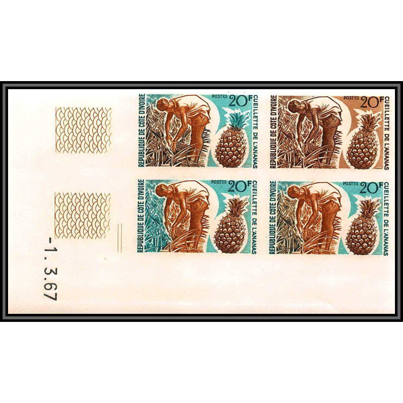 93694d cote d'ivoire N°260 fuits fruts ananas Pineapple 1967 coin daté multicolore Essai proof Non dentelé imperf ** MNH