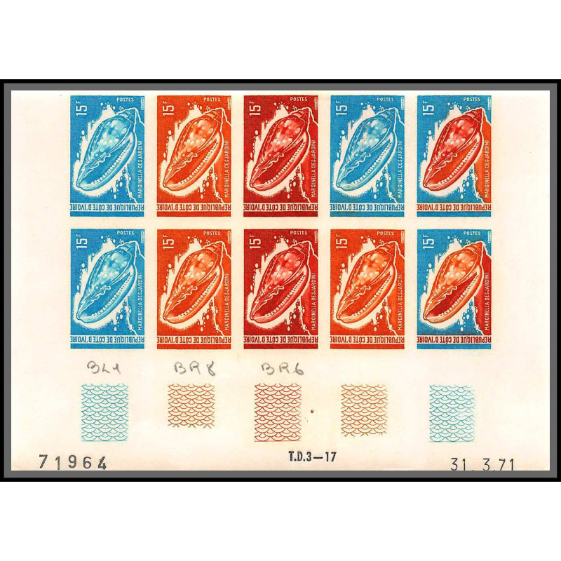 93770/ cote d'ivoire N°313 faune marine mollusque marginella mollusc 1971 bloc 10 coin daté Essai proof Non dentelé **