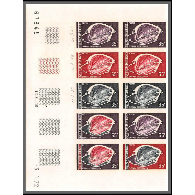 93788/ cote d'ivoire N°328 shell Cypraea stercoraria mollusque mollusc 1971 bloc 10 coin daté Essai proof Non dentelé