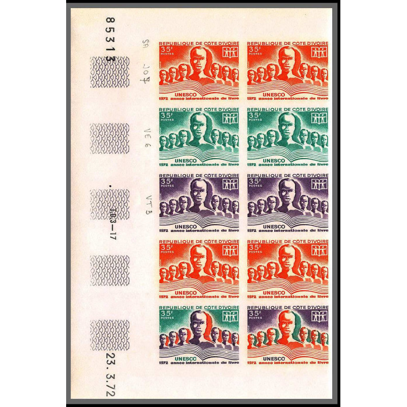 93793/ cote d'ivoire N°333 unesco année du livre year of book 1972 bloc 10 coin daté Essai proof Non dentelé imperf **