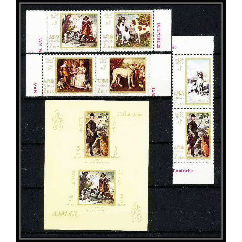 477b - Ajman MNH ** N° 271 / 276 A + Bloc N° 38 Tableau (Painting) hunting Chiens chien dog dogs van Dyck 