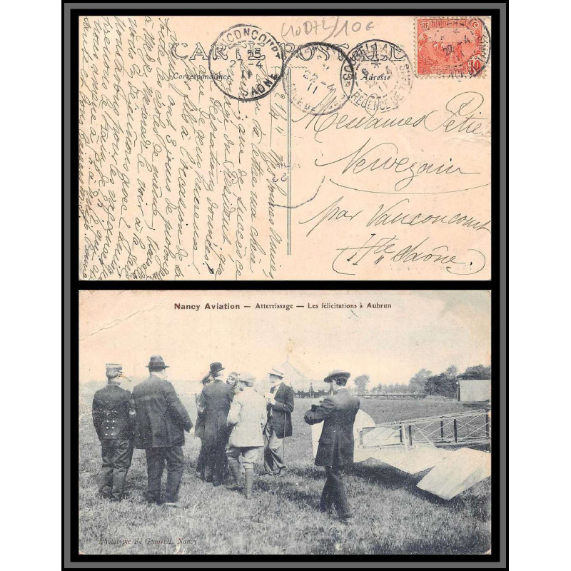 10072 nancy aviation atterissage les félicitations à aubrun 22/4/1911 Carte postale postcard tunisie pour Vauconcourt