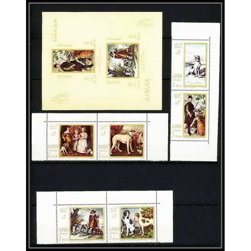 477c - Ajman MNH ** N° 271 / 276 A + Bloc N° 38 Tableau (Painting) hunting Chiens chien dog dogs van Dyck 