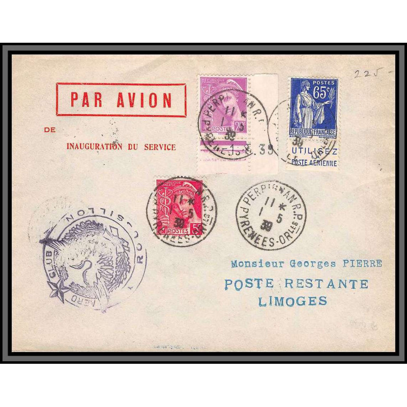 10131 aero club roussillon 1/5/1939 perpignan limoges affranchissement paix bande pub mercure coin daté lettre cover