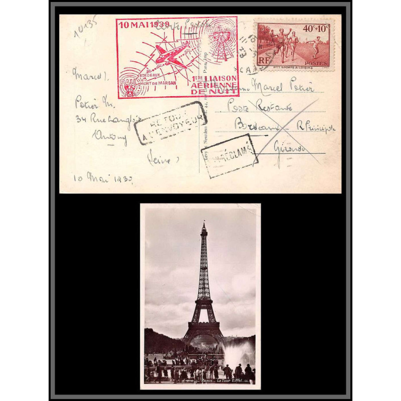 10135 N°346 1ère liaison postal de nuit Paris Pau via Bordeaux 10/5/1939 carte postale postcard tour eiffel France