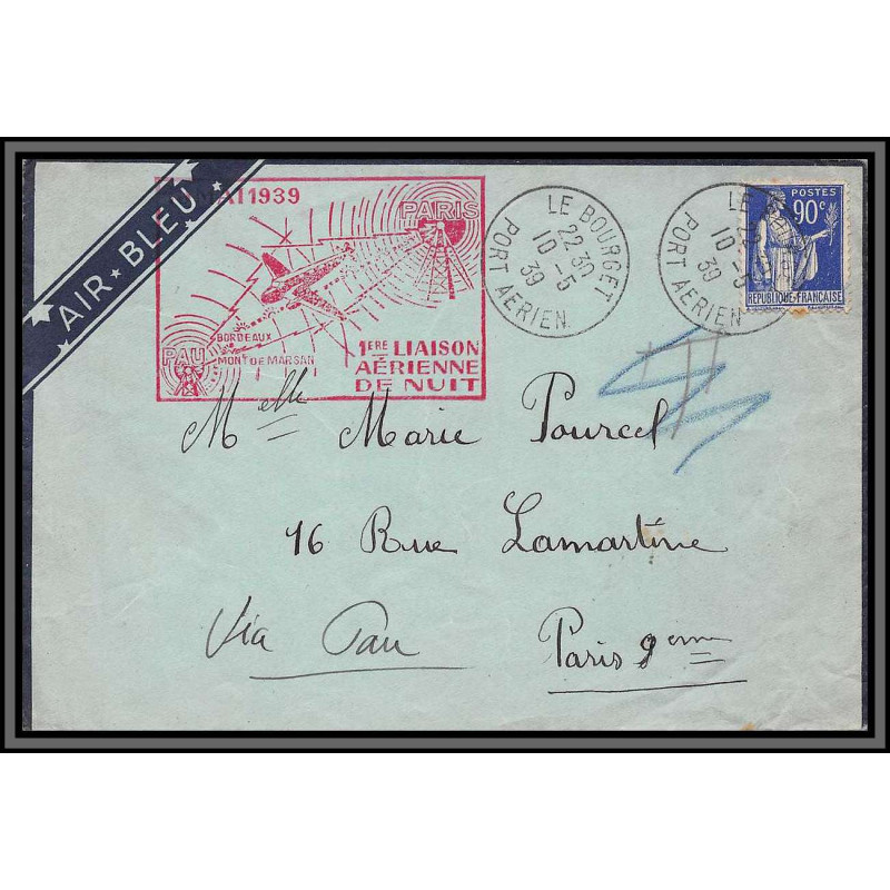 10136 AIR BLEU N°368 1ère liaison postal de nuit Paris Pau via Bordeaux 10/5/1939 lettre cover France aviation 