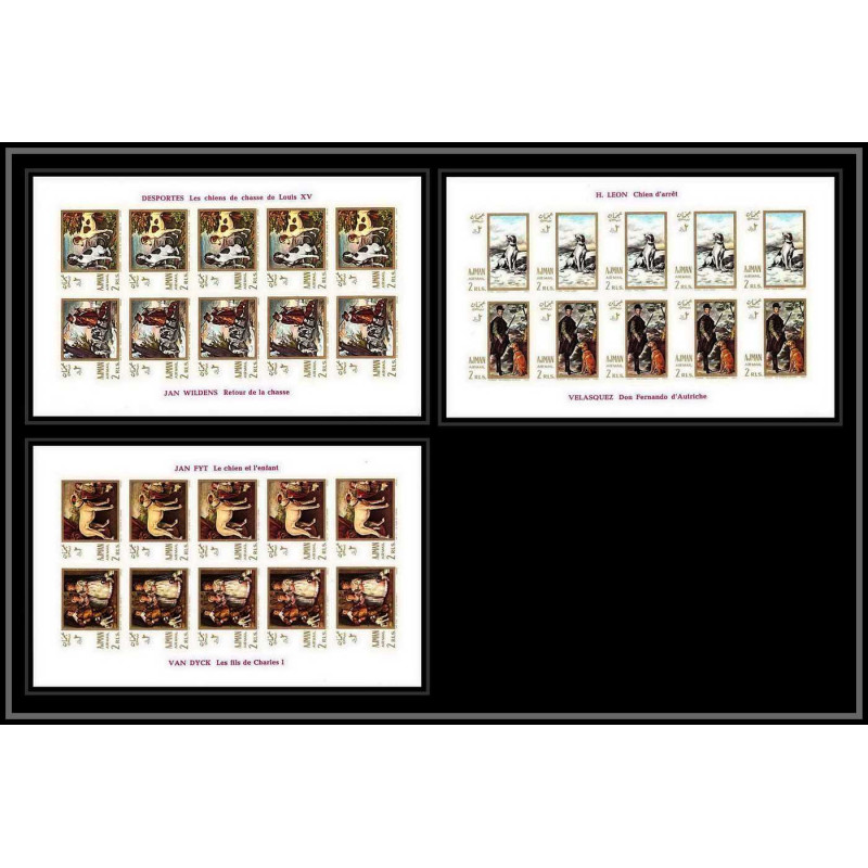 478 - Ajman MNH ** N° 271 / 276 B tableaux painting hunting Chiens dogs chasse feuilles sheets Non dentelé imperf