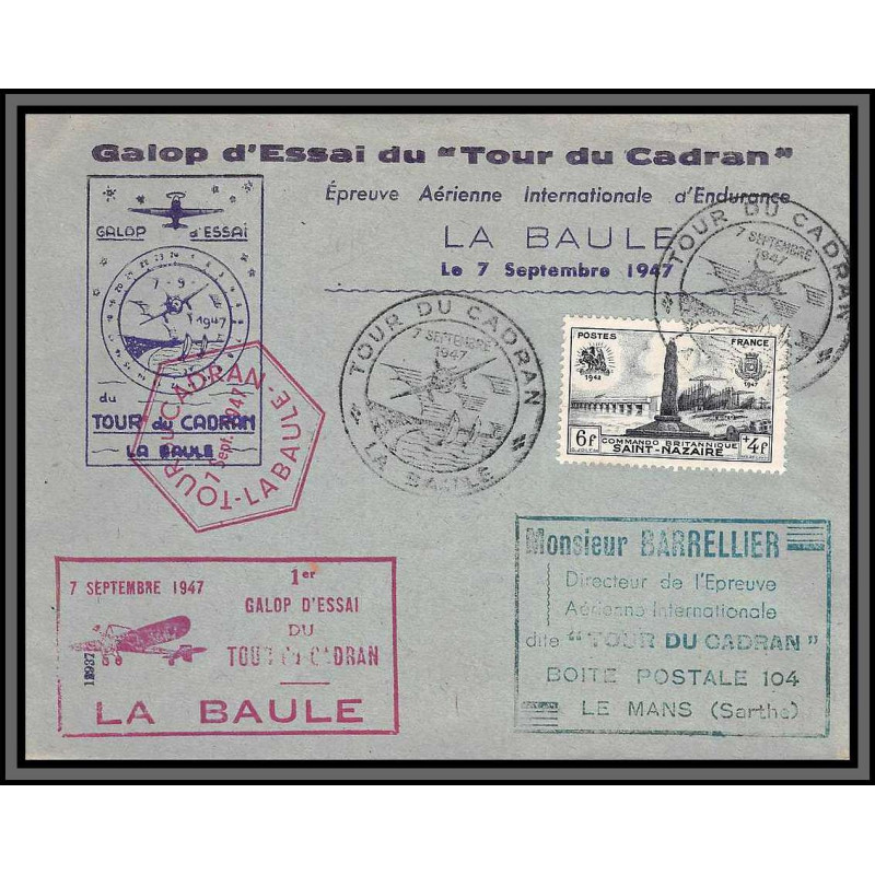 10186 1er galop d'essai du tour du cadran la baule 7/9/1947 lettre cover France aviation 